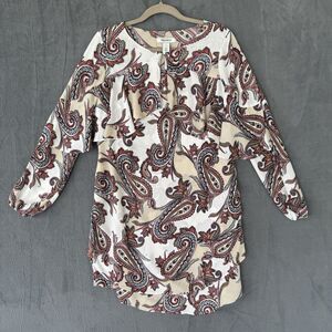 WHBM Dress Small‎ Paisley Print Sheer Layer Keyhole Hippie Flowy Earthy Office